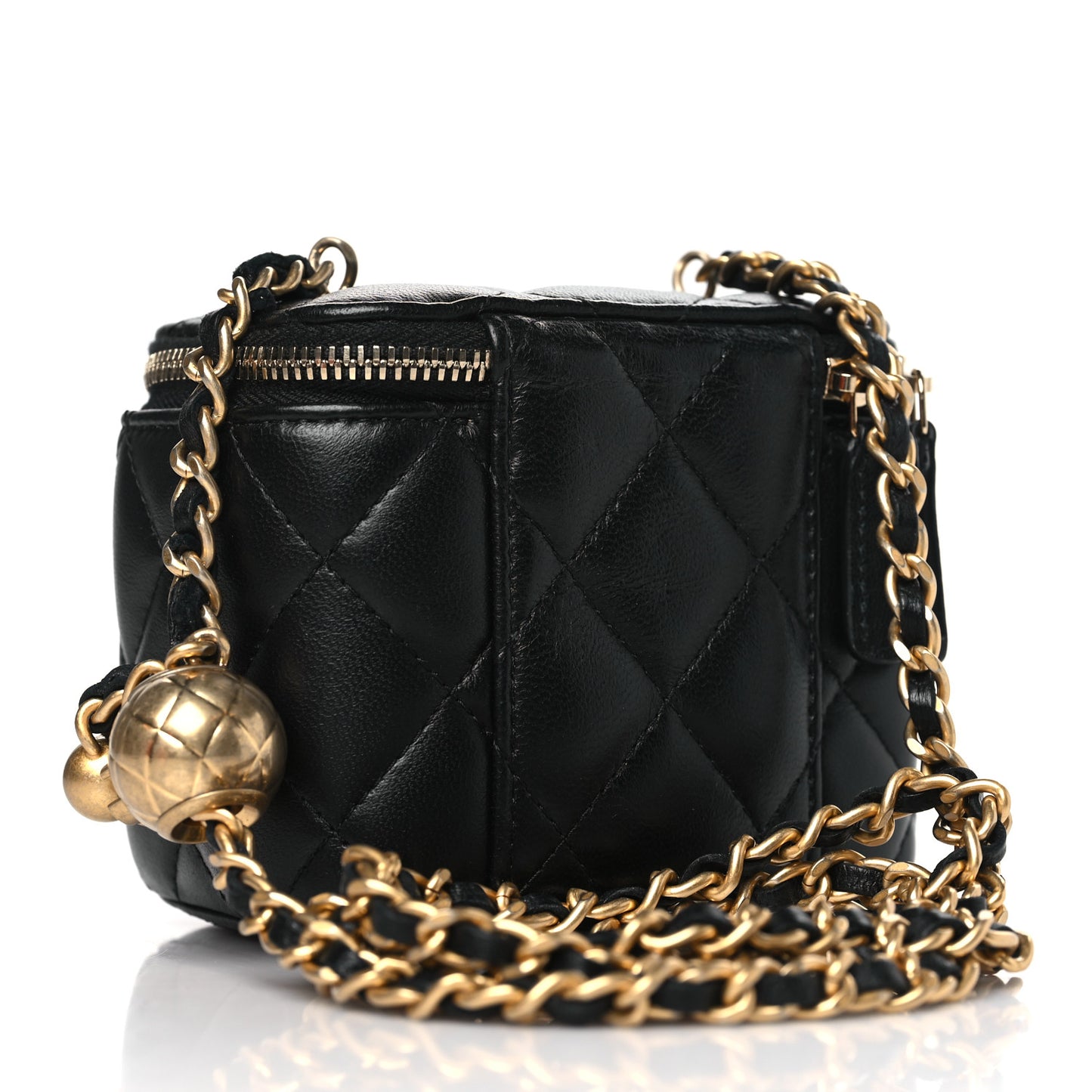 Lambskin Quilted Mini Pearl Crush Vanity Case With Chain Black