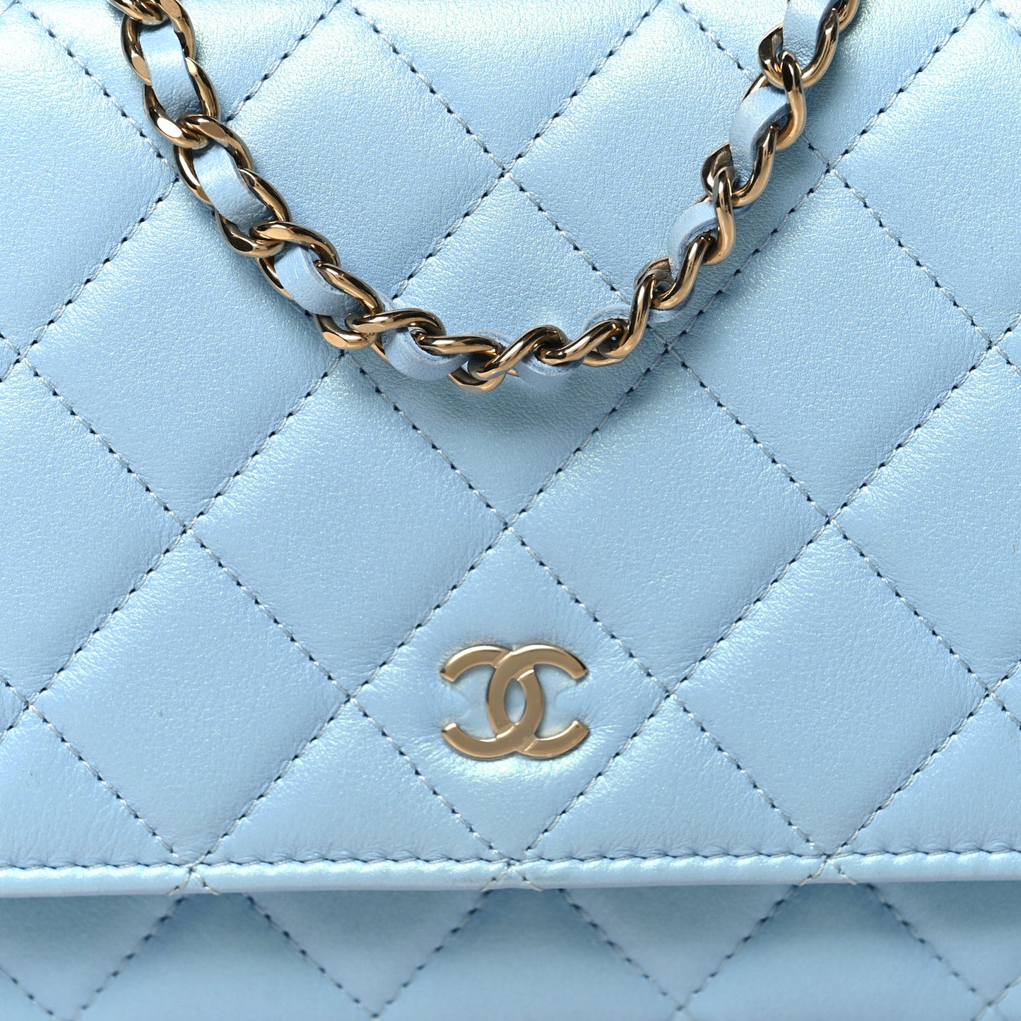 Lambskin Quilted Mini Wallet On Chain WOC Light Blue