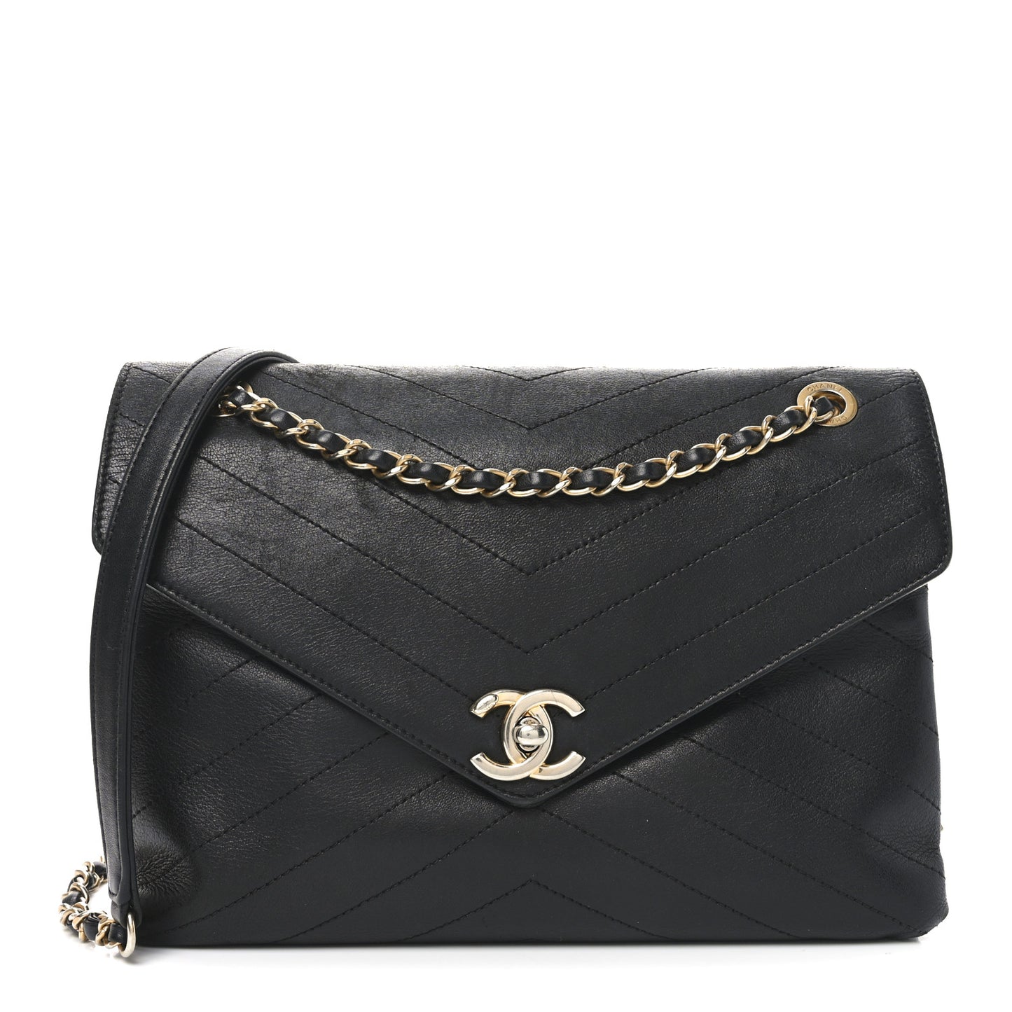 Lambskin Chevron Stitched Medium Envelope Flap Black