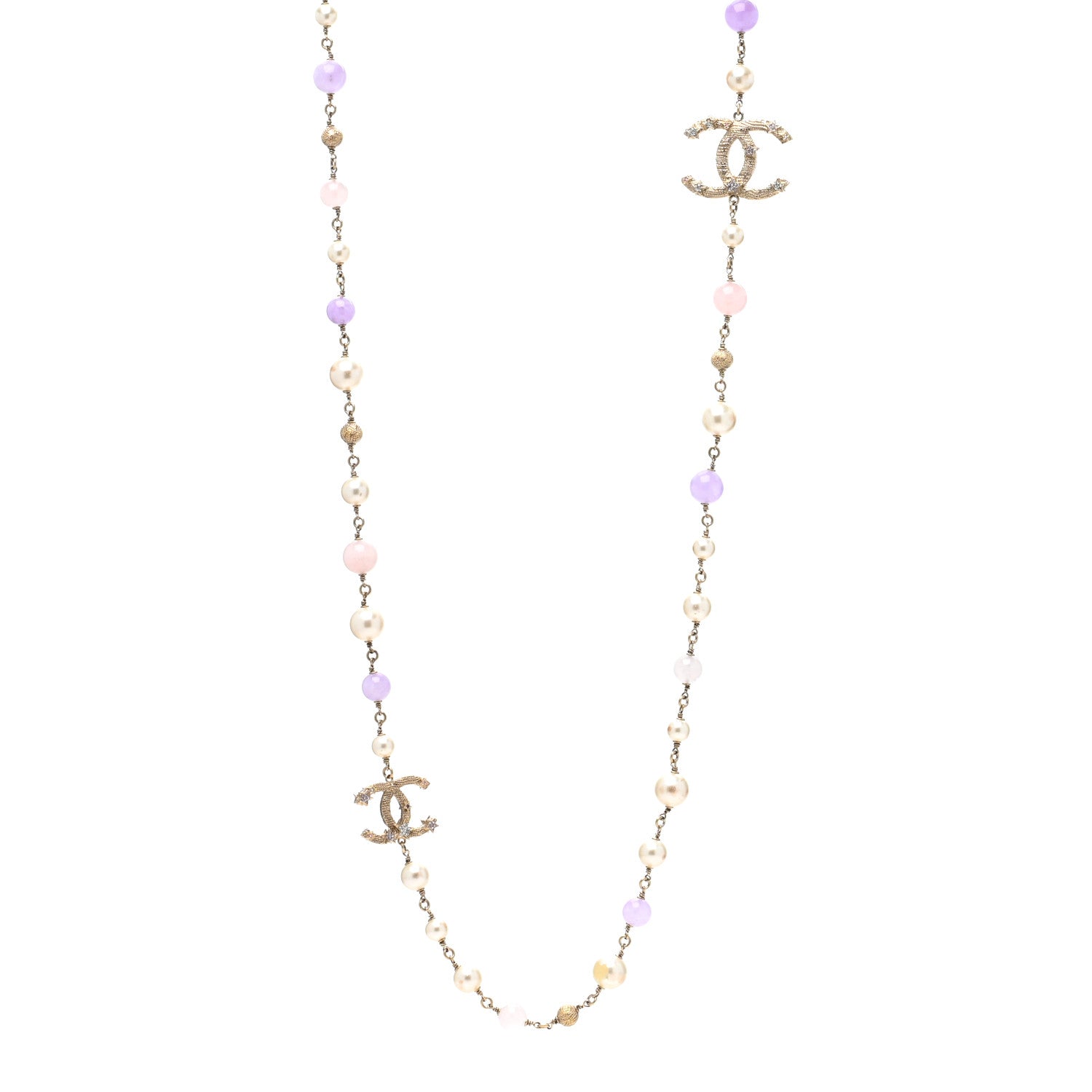 Chanel Crystal Pearl Beaded Star CC Long Necklace Silver Purple 2 of 4