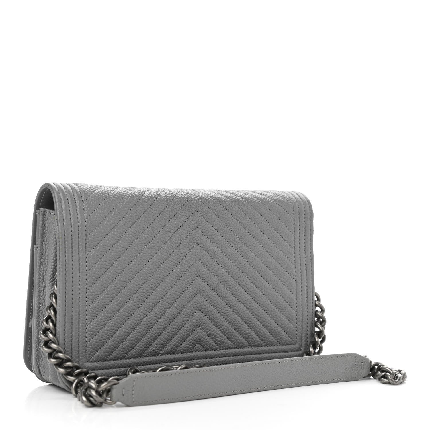 Chanel Caviar Chevron Quilted Boy Wallet On Chain WOC Grey 3 of 12
