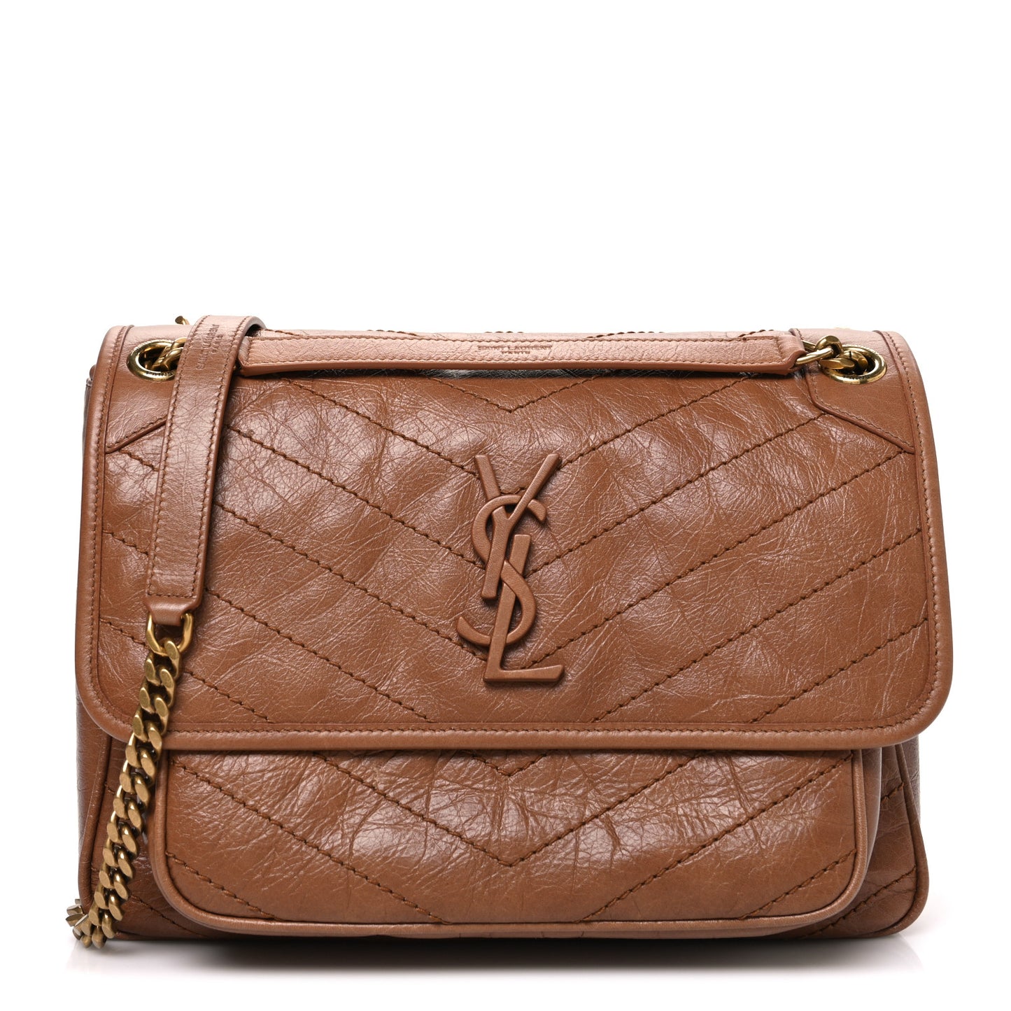 Crinkled Calfskin Matelasse Monogram Medium Niki Chain Satchel Caramel
