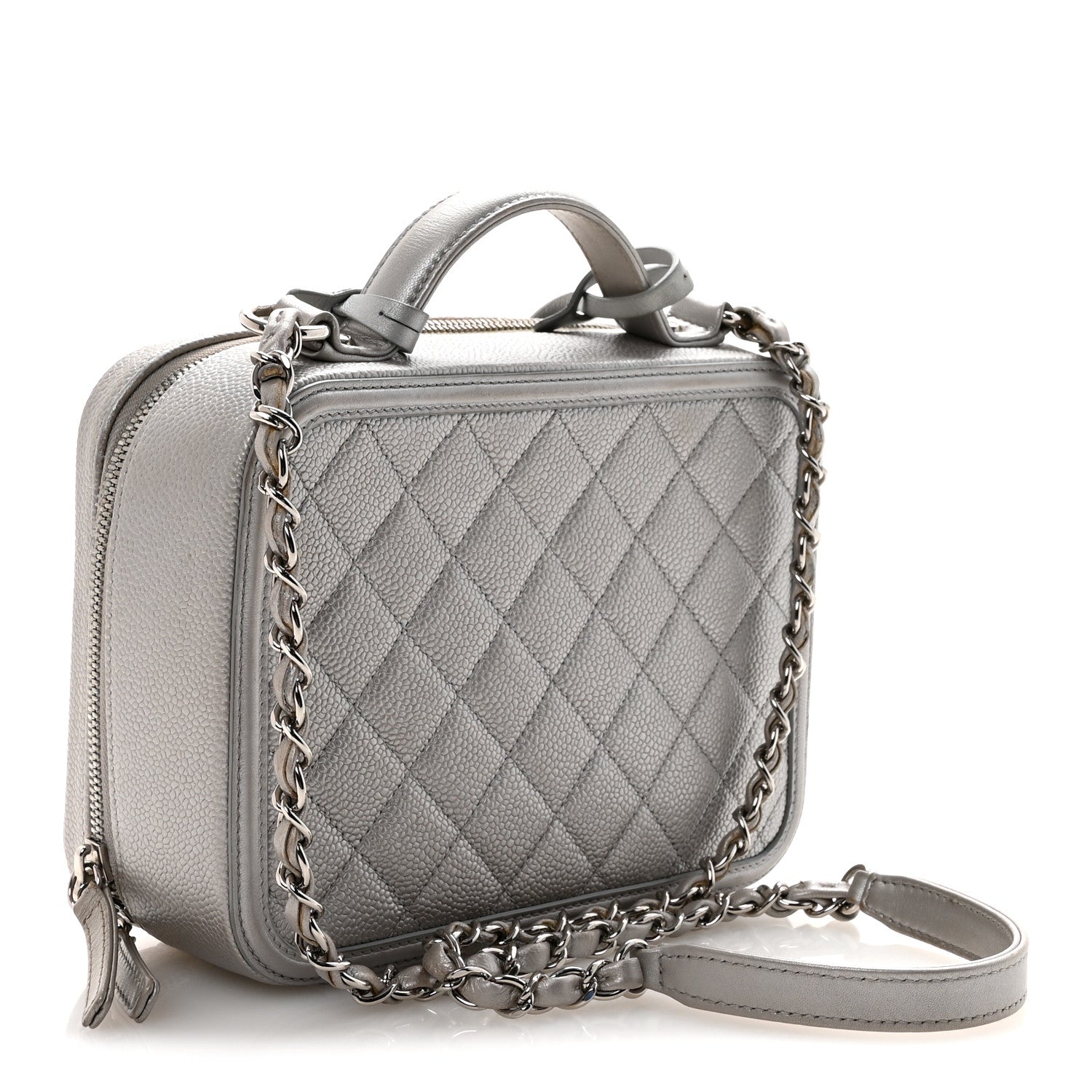 Chanel Metallic Caviar Quilted Medium CC Filigree Vanity Case Silver 3 of 10