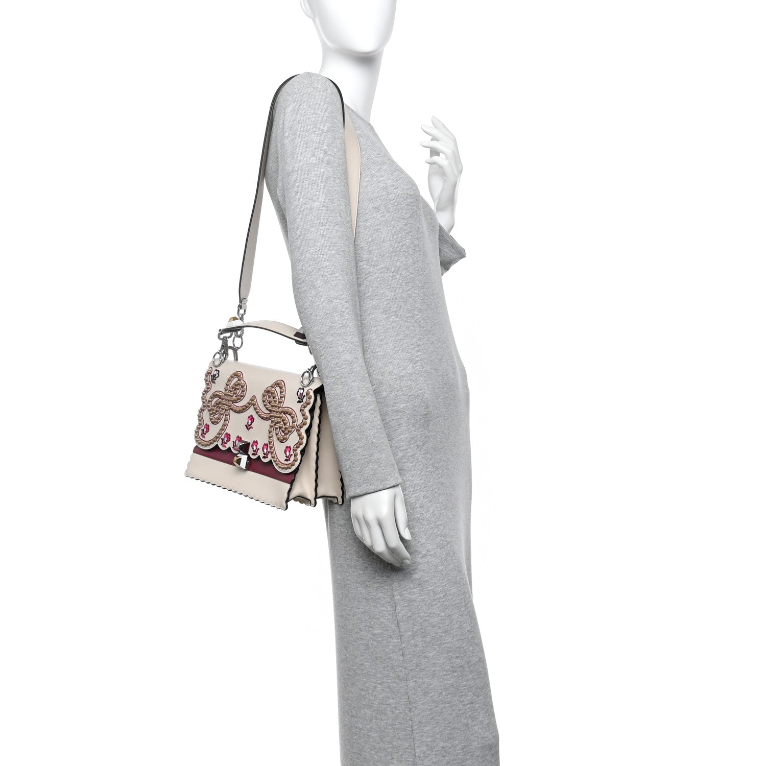 Fendi Vitello Liberty Lucido Flowers and Bows Scalloped Studded Kan I Shoulder Bag Camelia Black Cherry 2 of 10