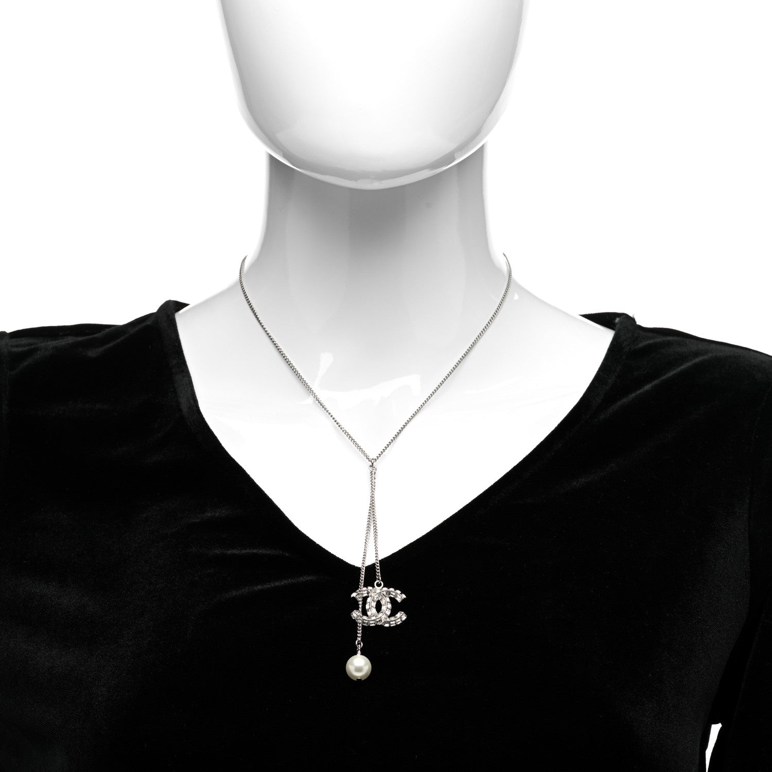 Chanel Baguette Crystal Pearl CC Lariat Necklace Silver 2 of 5
