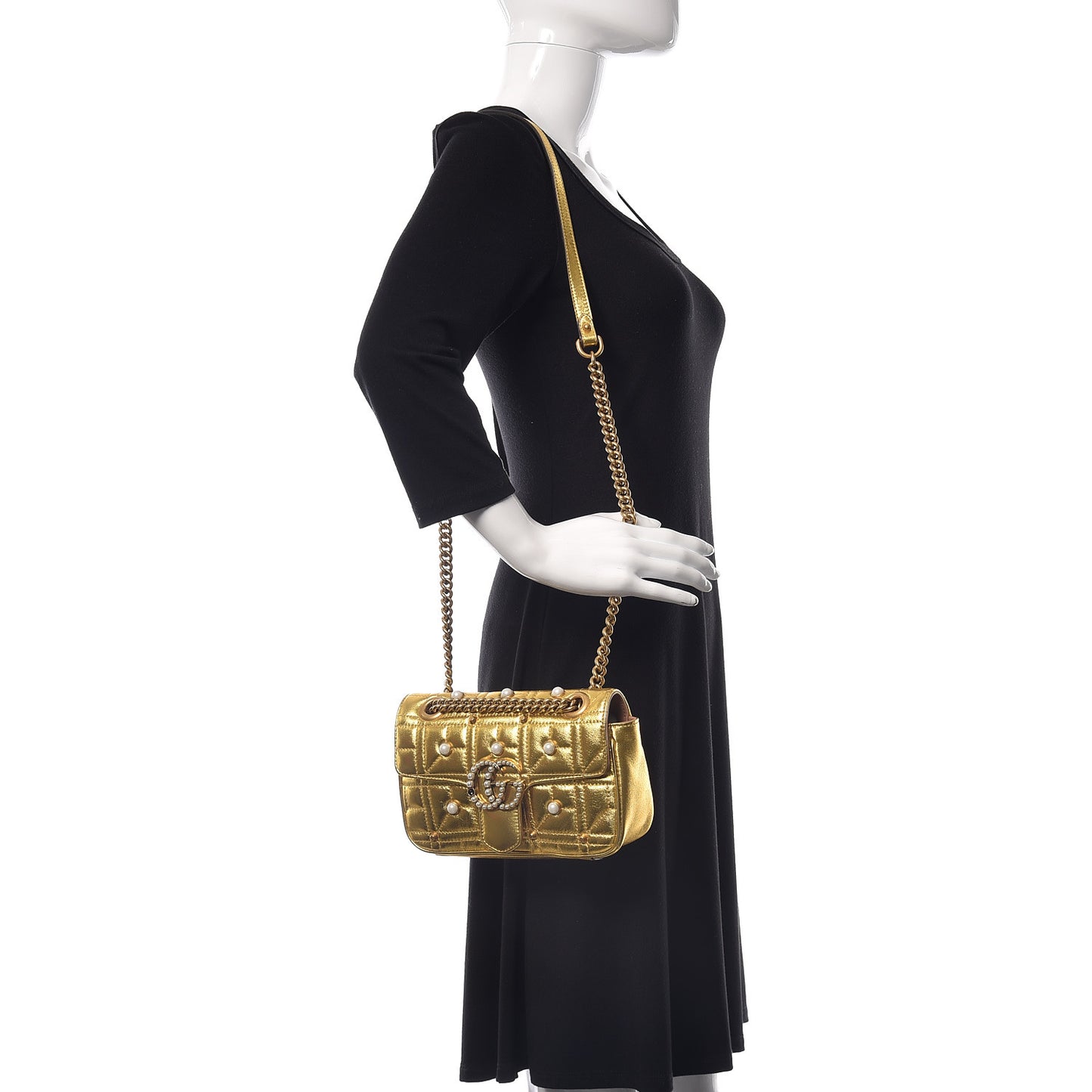 Metallic Calfskin Matelasse Studded Mini Pearly GG Marmont Shoulder Bag Gold