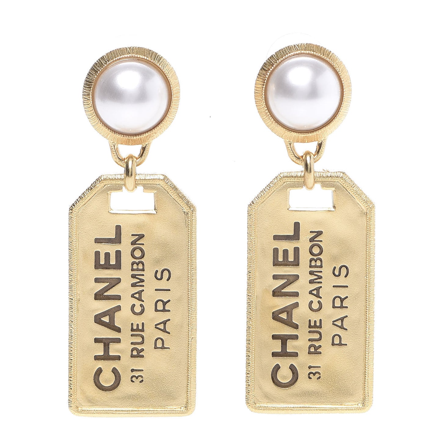 Pearl CC Tags Drop Earrings Gold