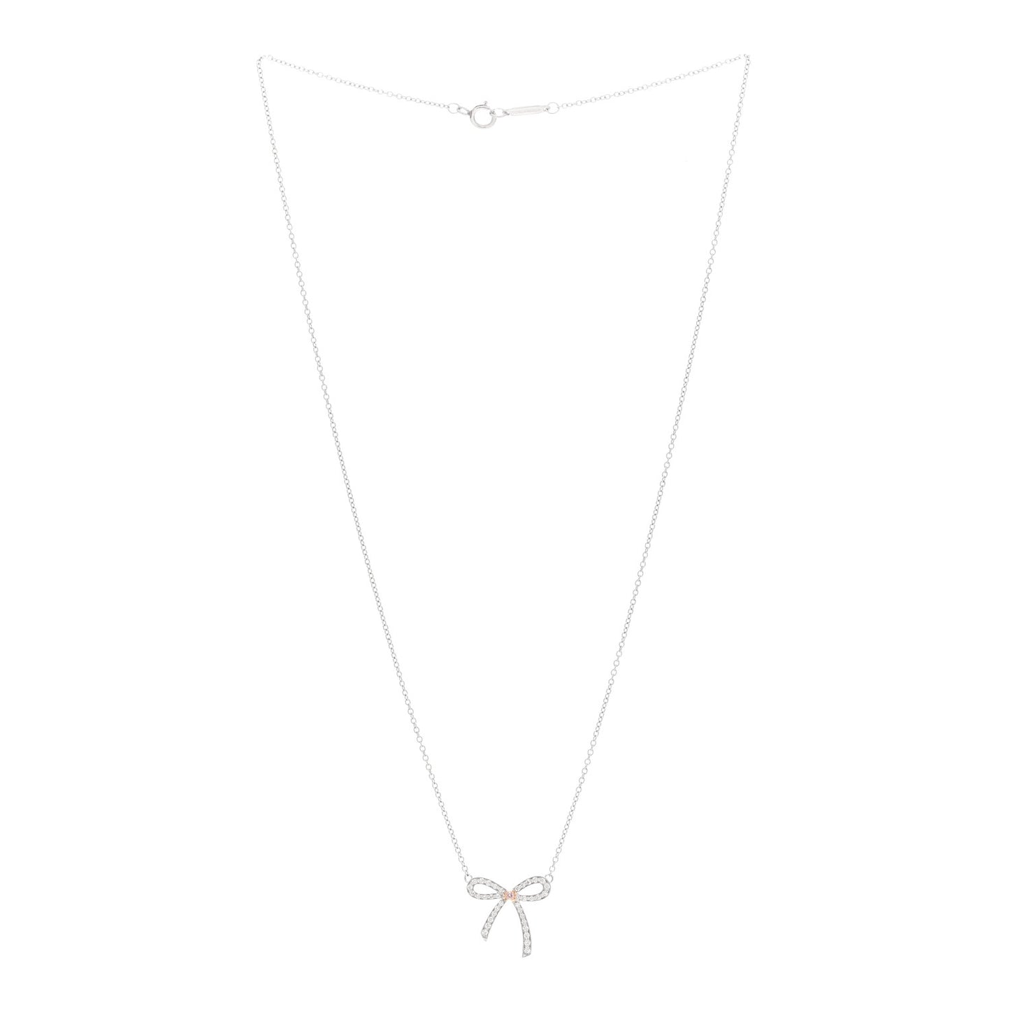 Platinum 18K Rose Gold Pink Diamond Mini Bow Pendant Necklace