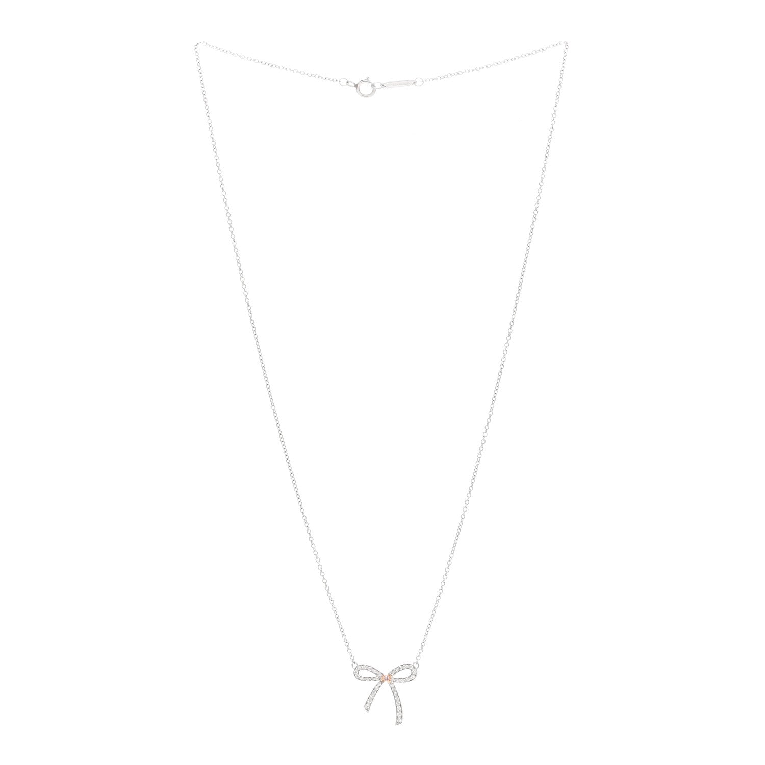 Tiffany Platinum 18K Rose Gold Pink Diamond Mini Bow Pendant Necklace 3 of 5