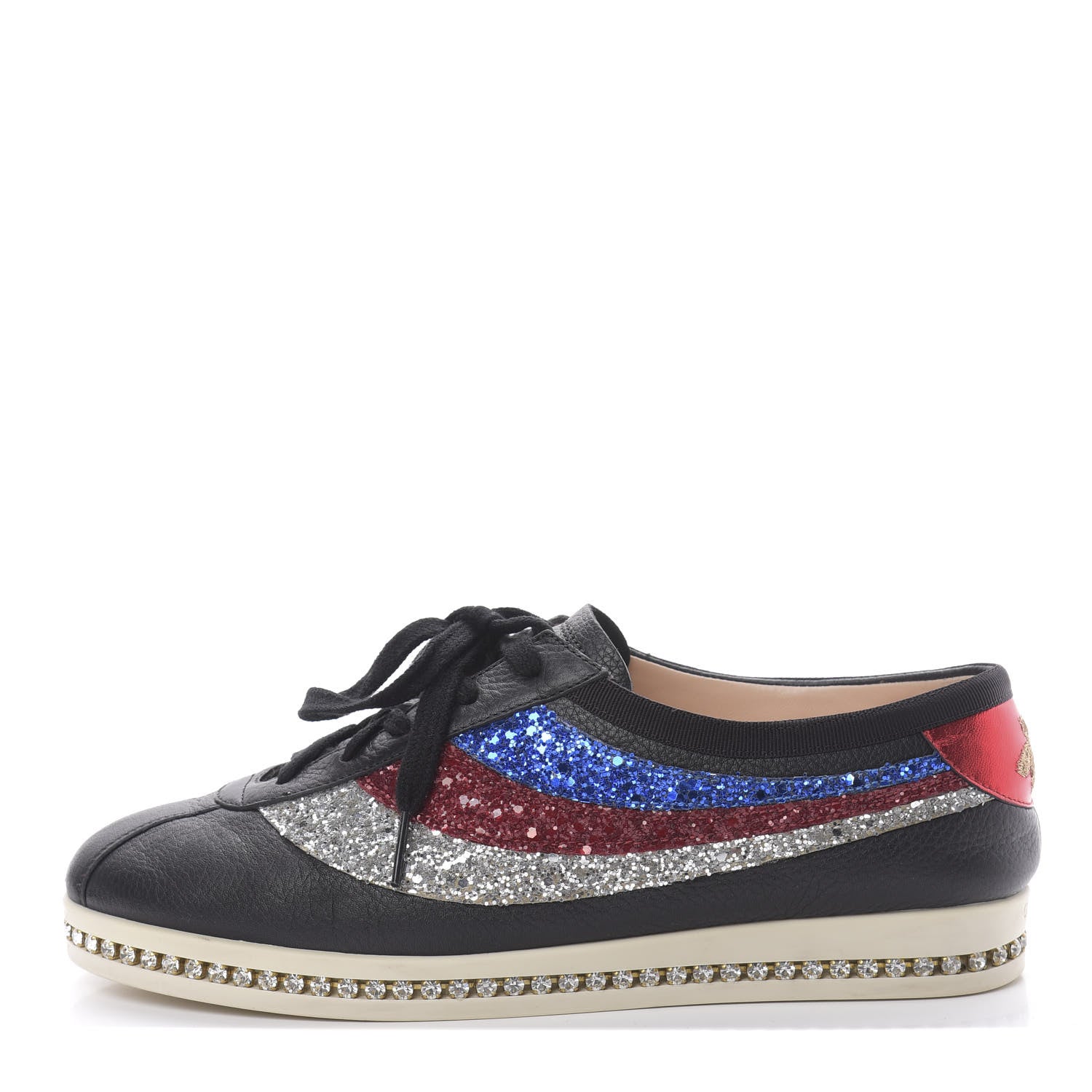 Gucci Calfskin Glitter Crystal Womens Sylvie Web Falacer Sneakers 39.5 Black 1 of 7