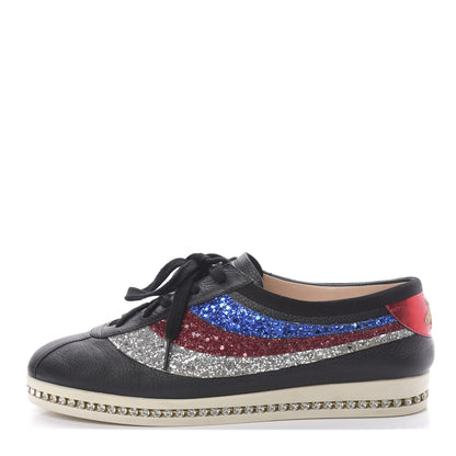 Gucci Calfskin Glitter Crystal Womens Sylvie Web Falacer Sneakers 39.5 Black 1 of 7