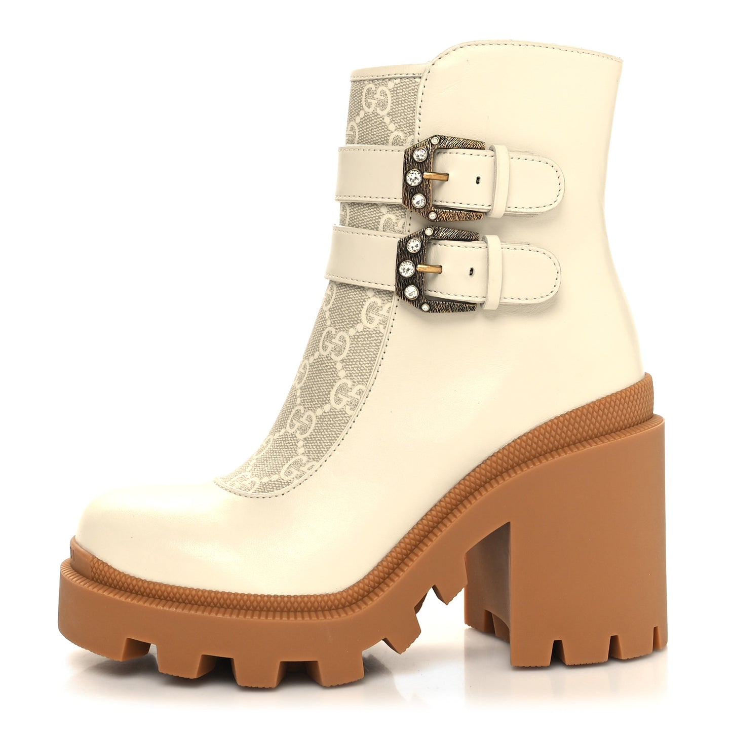 Kensington Calfskin Nappa GG Supreme Monogram Womens Double Buckle Ankle Boots 35.5 Mystic White Beige