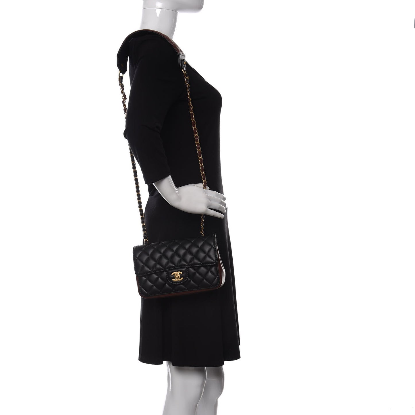 Calfskin Quilted Small Strap Into Flap Bag Black Brown
