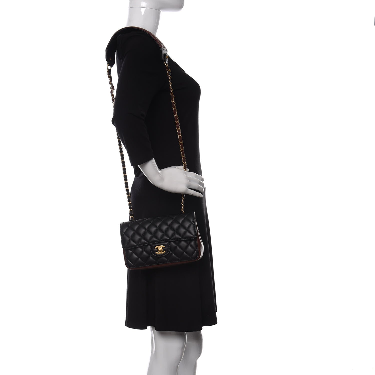 Chanel Calfskin Quilted Small Strap Into Flap Bag Black Brown 2 of 11