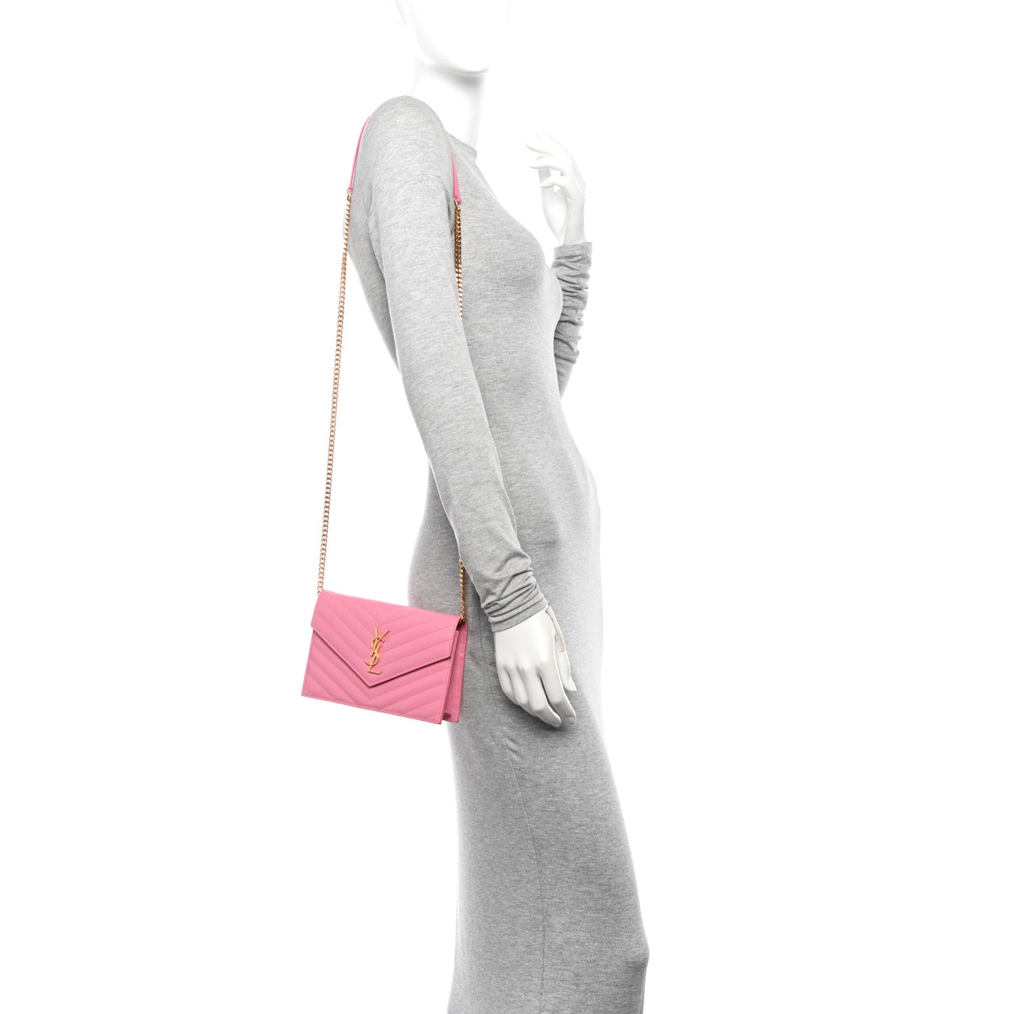 Grain De Poudre Matelasse Chevron Monogram Envelope Chain Wallet Indian Pink