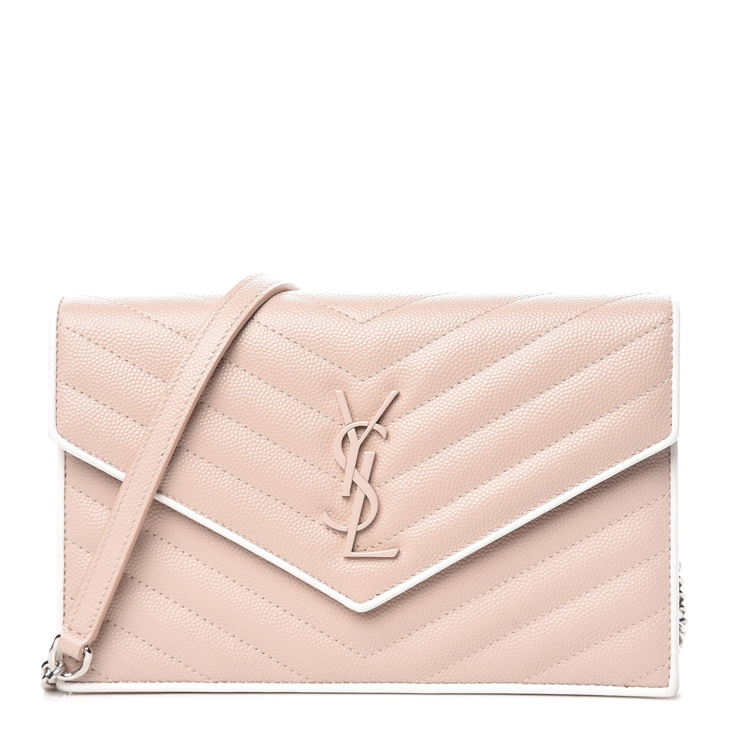 Saint Laurent Grain De Poudre Matelasse Chevron Monogram Envelope Chain Wallet Pink and White 1 of 10