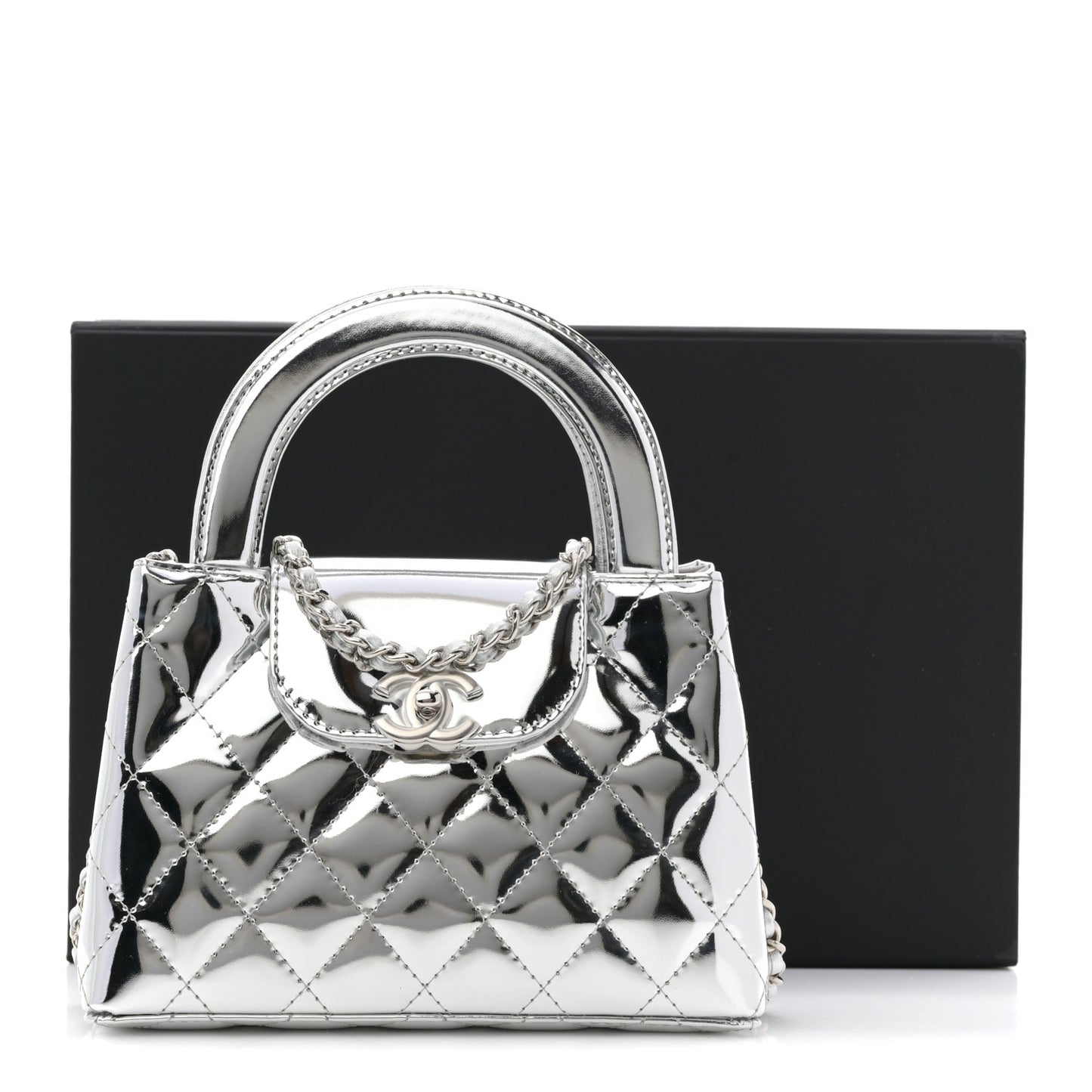 Mirror Calfskin Metallic Calfskin Quilted Nano Kelly Shopper Silvery