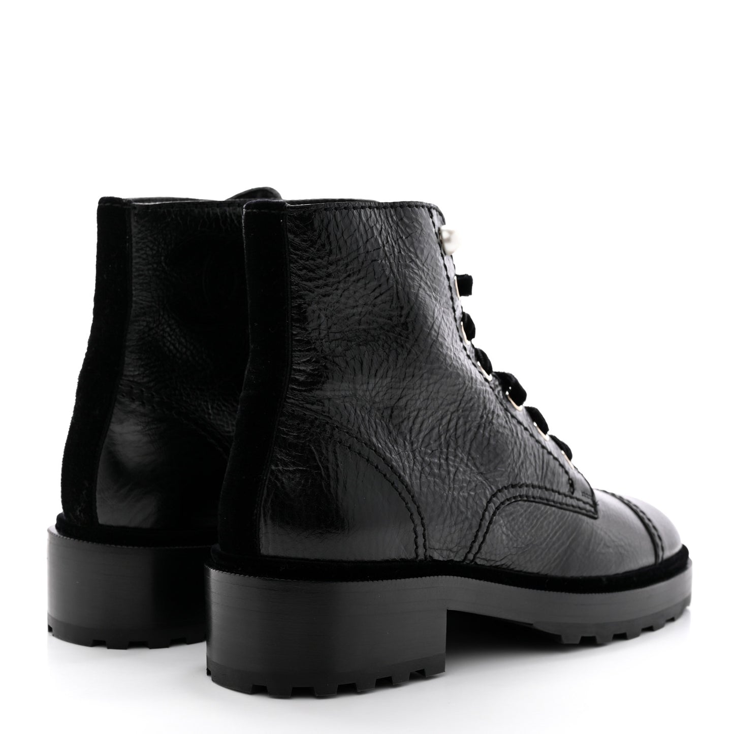Shiny Calfskin Velvet Pearl Combat Short Boots 38 Black