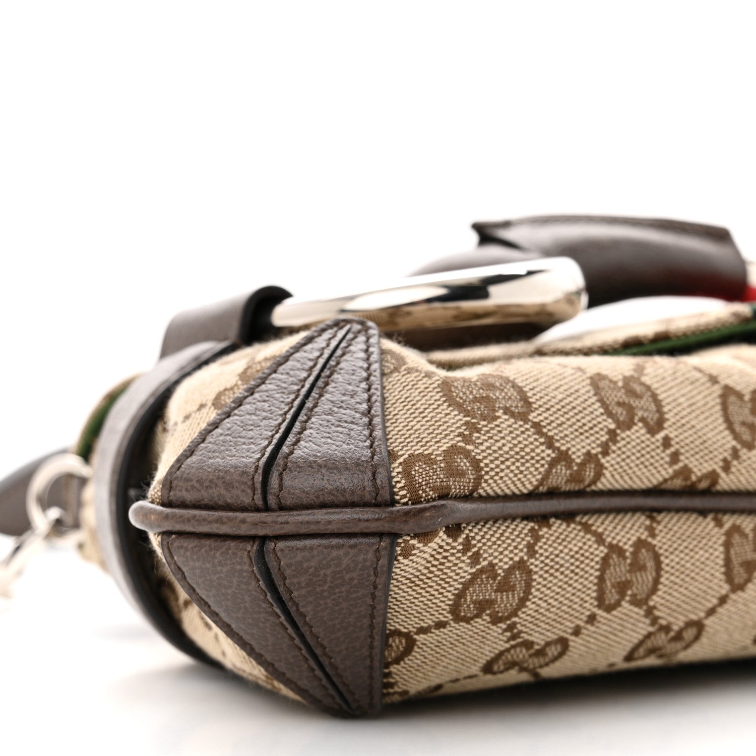 Gucci Monogram Textured Dollar Calfskin Heavy Grosgrain Web Medium Maxi Horsebit Chain Shoulder Bag Beige Ebony New Acero 8 of 9