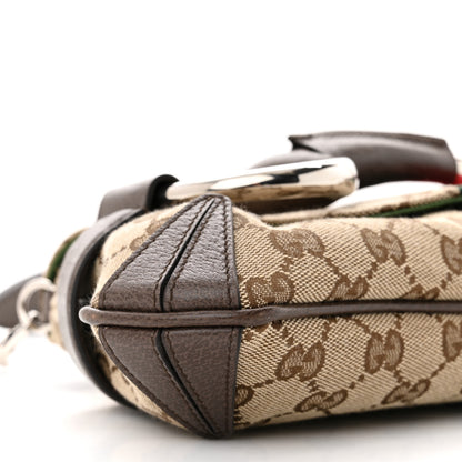 Gucci Monogram Textured Dollar Calfskin Heavy Grosgrain Web Medium Maxi Horsebit Chain Shoulder Bag Beige Ebony New Acero 8 of 9