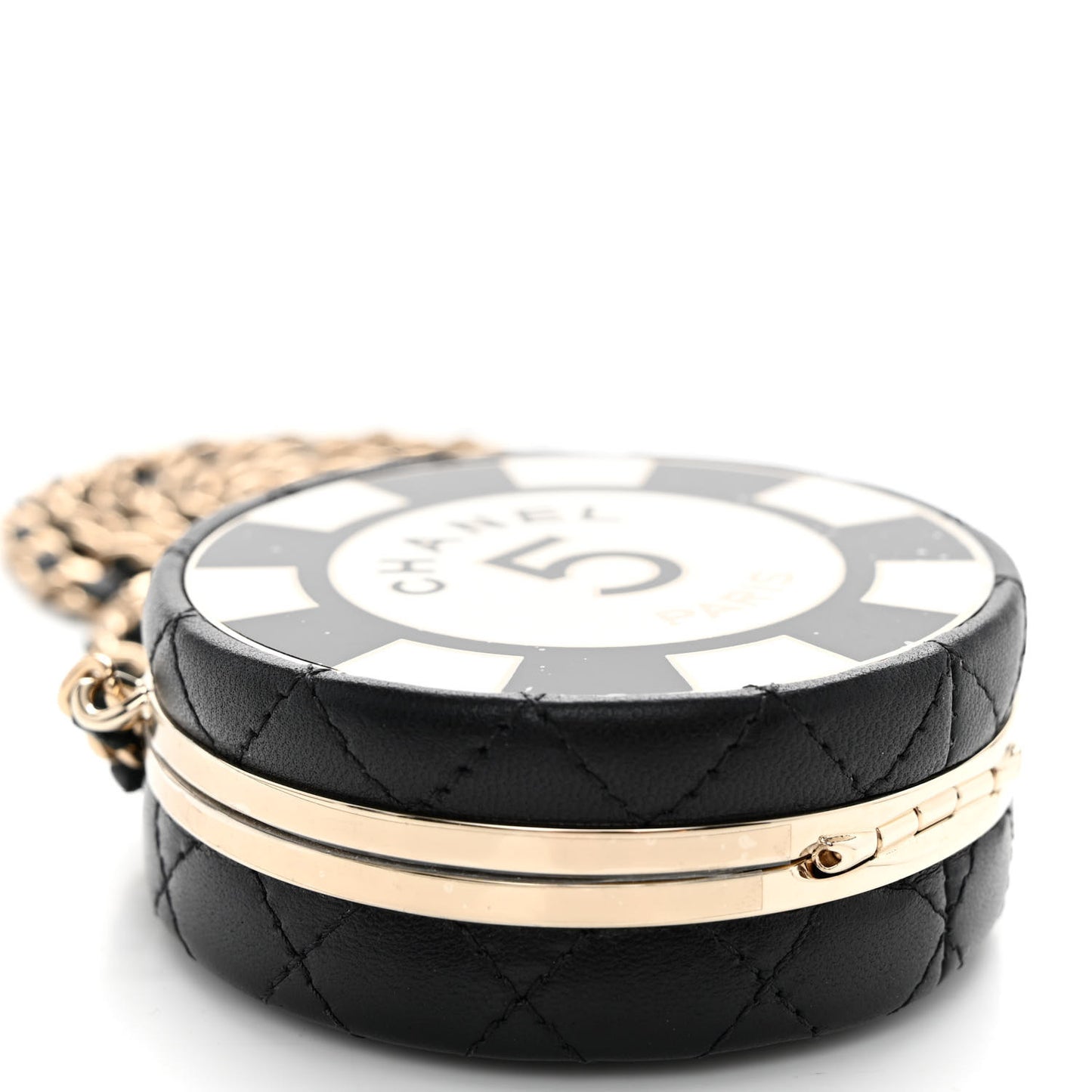 Lambskin Enamel Quilted Round Poker Chip Clutch With Chain Black White