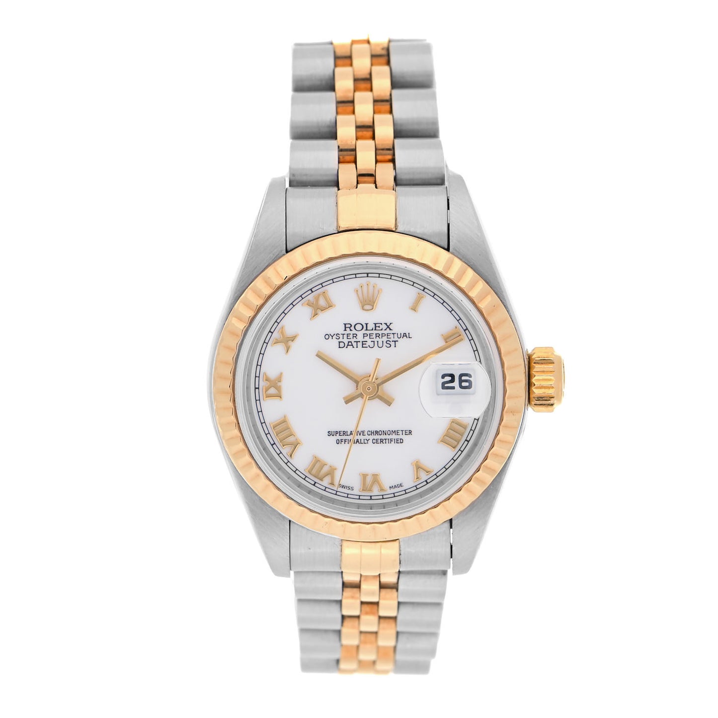 Stainless Steel 18K Yellow Gold 26mm Oyster Perpetual Datejust Watch White Roman 79173