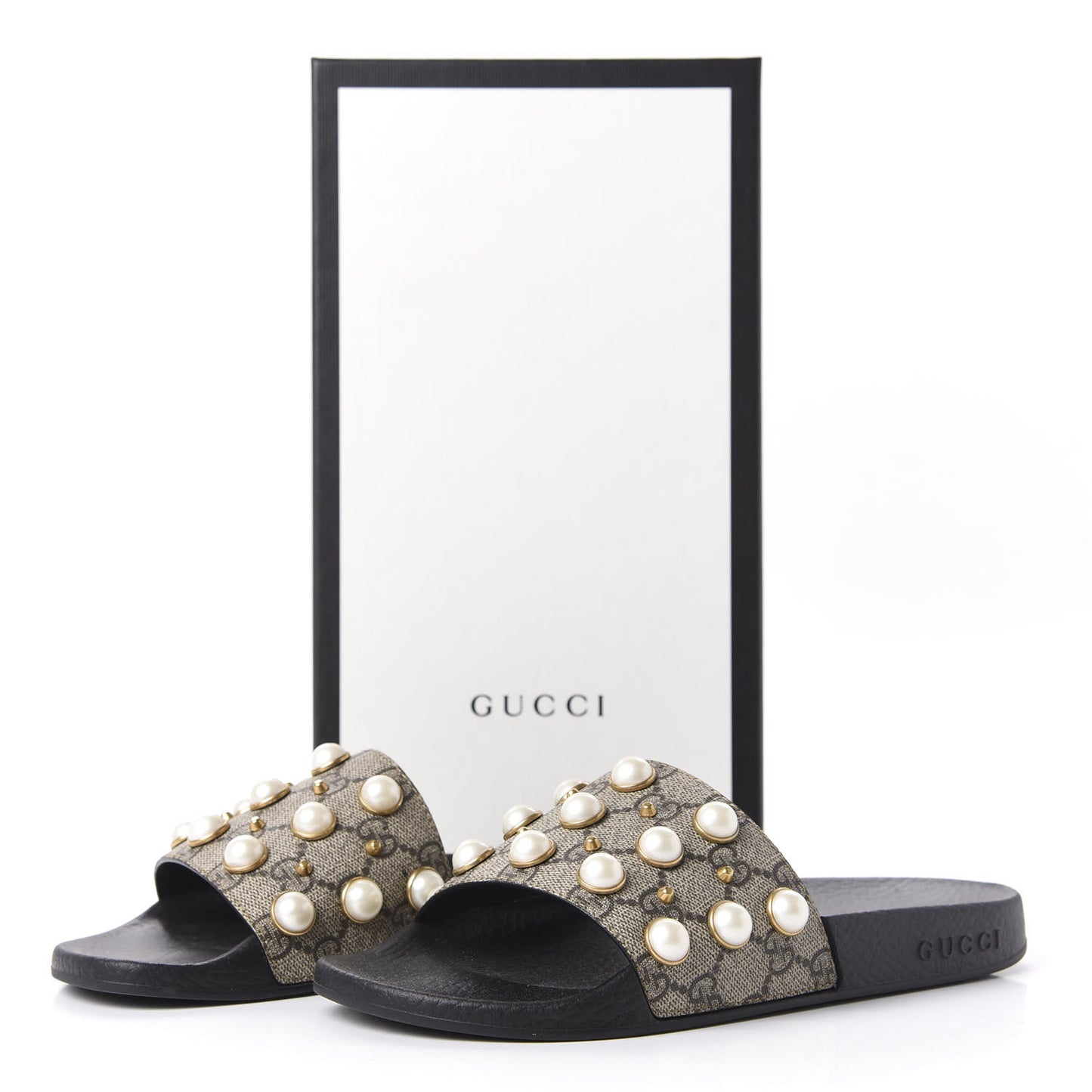 GG Supreme Monogram Pearls Slide Sandals 37 Beige