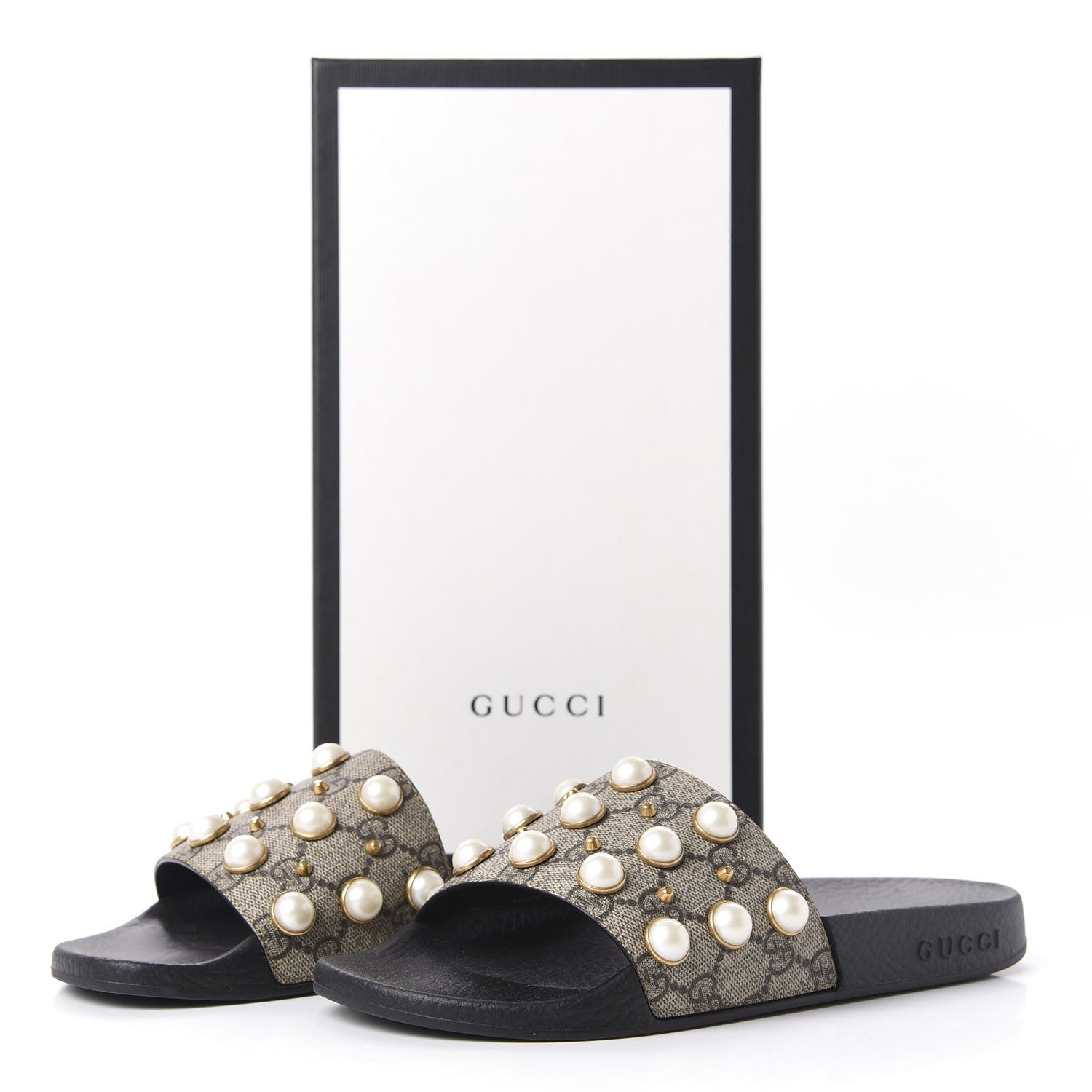 Gucci GG Supreme Monogram Pearls Slide Sandals 37 Beige 9 of 9