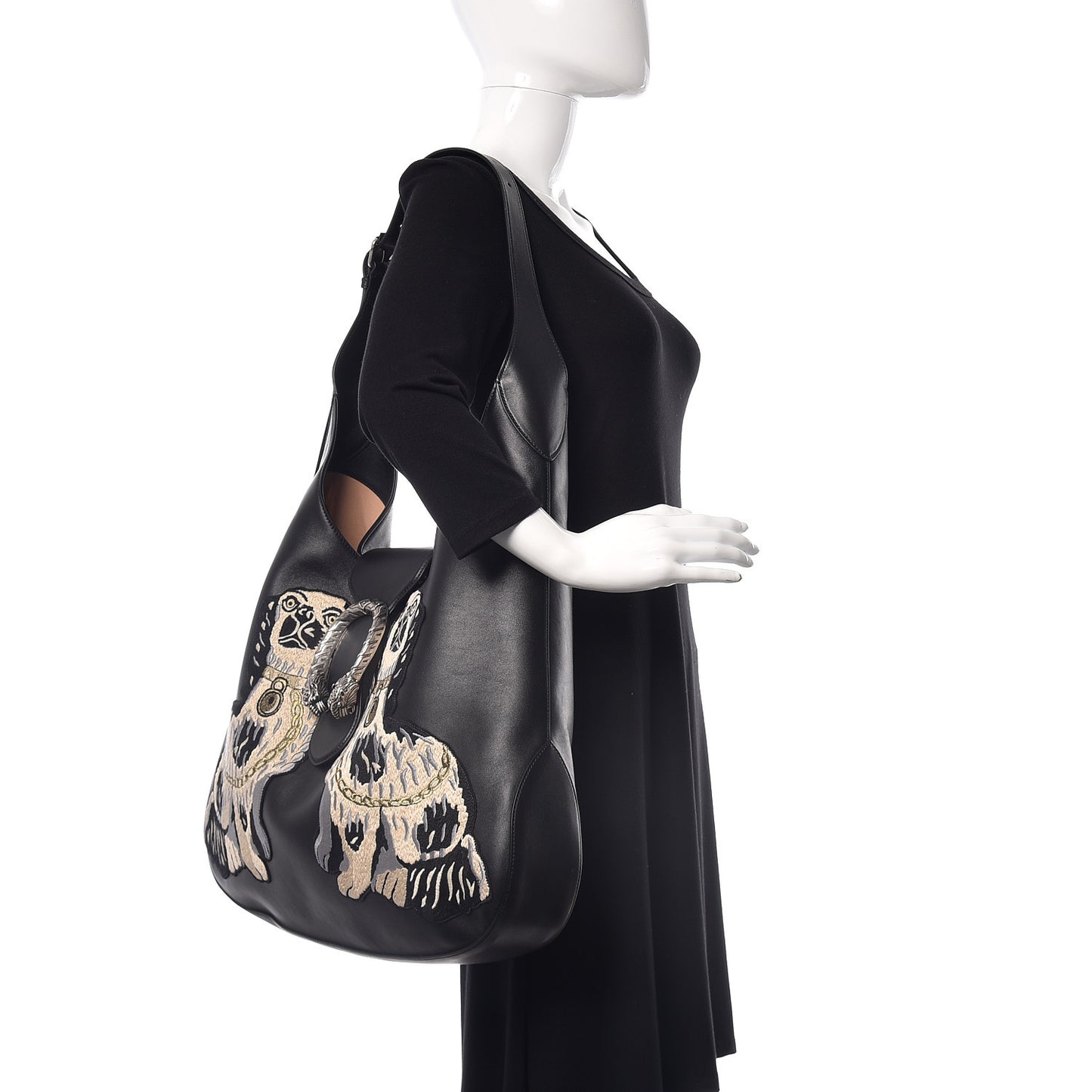 Calfskin Dog Embroidered Extra Large Dionysus Hobo Black