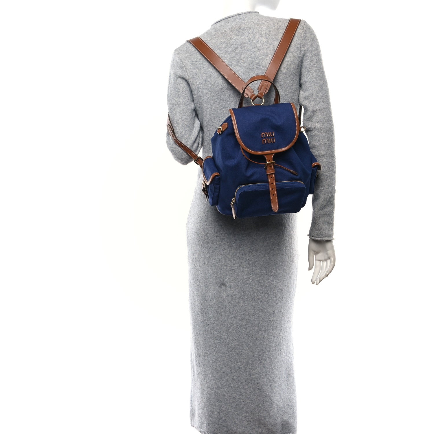 Miu Miu Canapa Soft Calfskin Backpack Bluette Brandy 3 of 9
