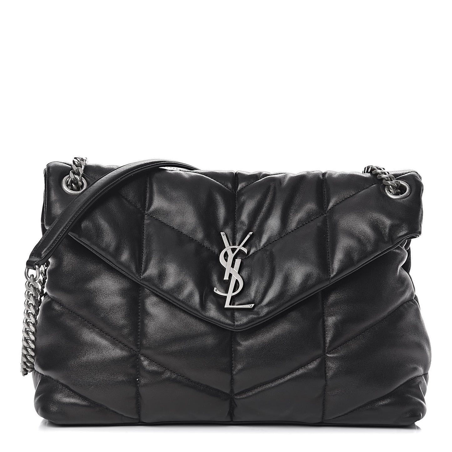 Lambskin Quilted Medium Loulou Puffer Monogram Chain Satchel Black