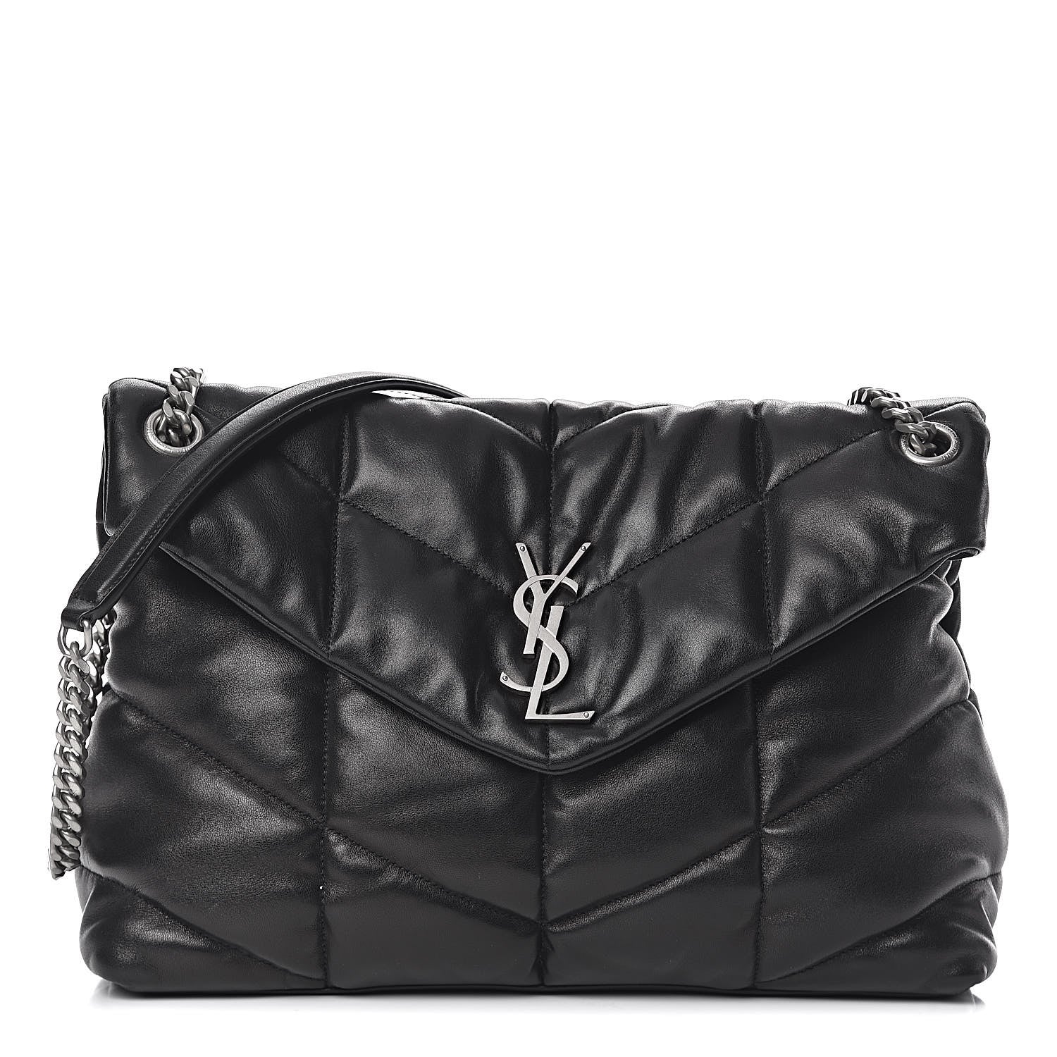 Saint Laurent Lambskin Quilted Medium Loulou Puffer Monogram Chain Satchel Black 1 of 10