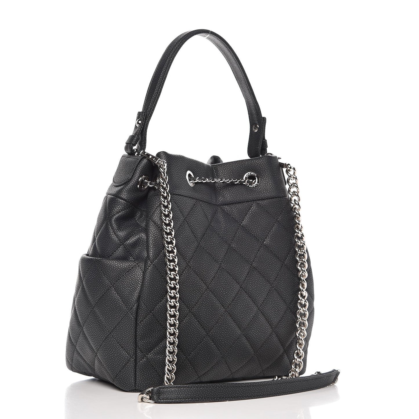 Caviar Flat Quilted CC Chain Bucket Drawstring Bag Black