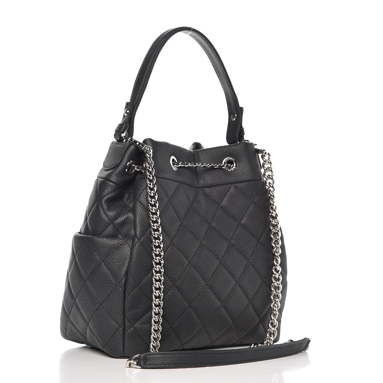 Chanel Caviar Flat Quilted CC Chain Bucket Drawstring Bag Black 3 of 8