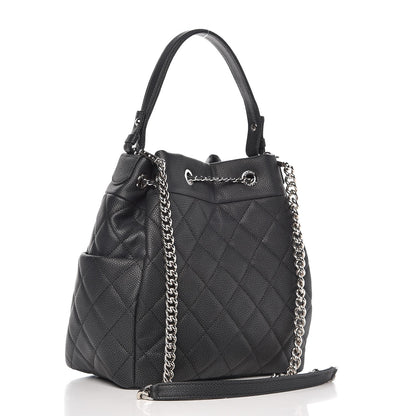 Chanel Caviar Flat Quilted CC Chain Bucket Drawstring Bag Black 3 of 8