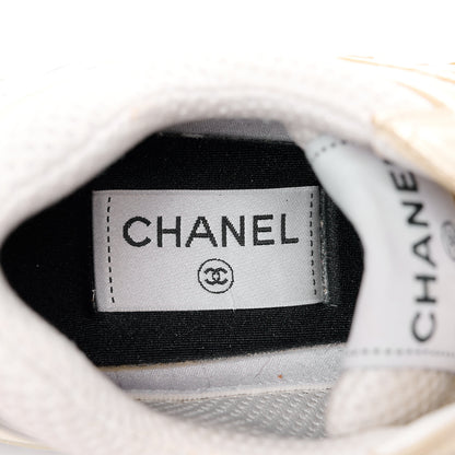Chanel Fabric Laminated Calfskin Stretch CC Womens Sneakers 37.5 White Gold Silver 7 of 8