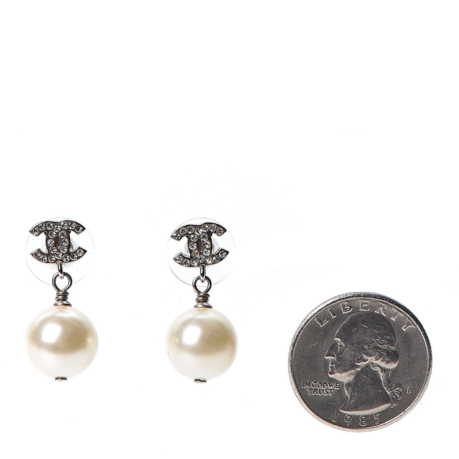 Chanel Crystal Pearl CC Drop Earrings Silver 2 of 5