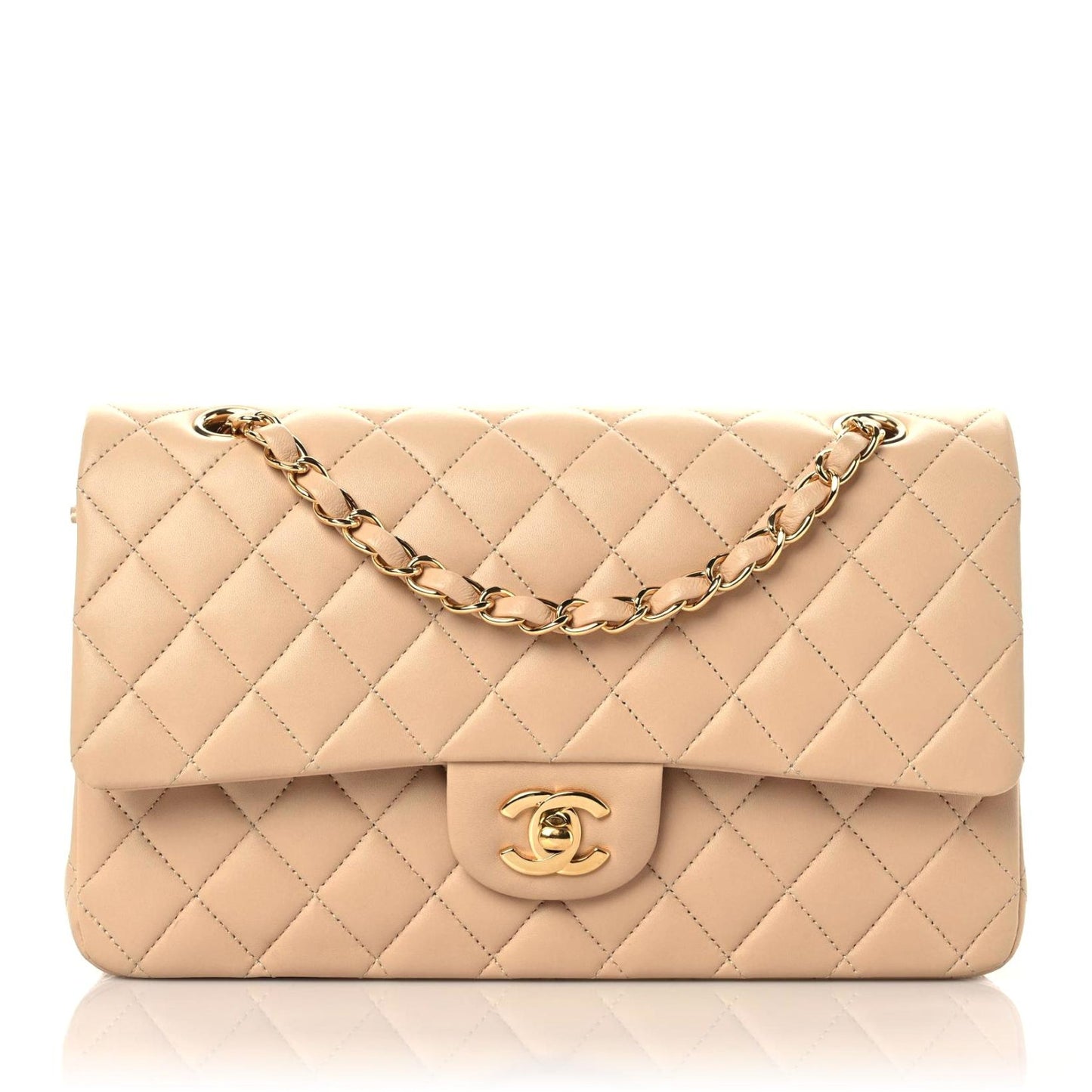 Lambskin Quilted Medium Double Flap Beige