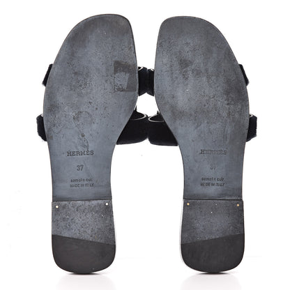 Hermes Sheared Mink Womens Oran Sandals 37 Black 5 of 7