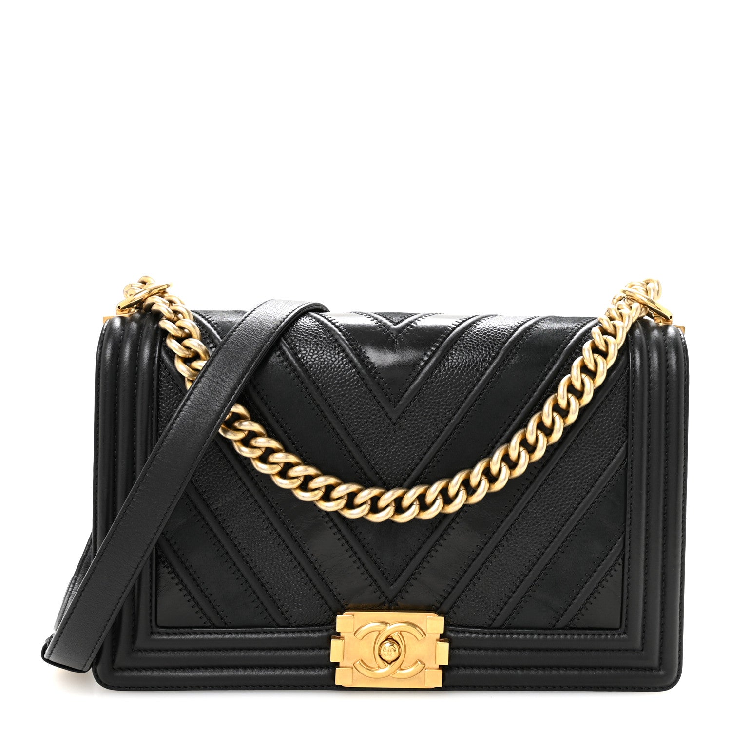 Chanel Calfskin Caviar Suede Chevron New Medium Boy Flap Black 1 of 10