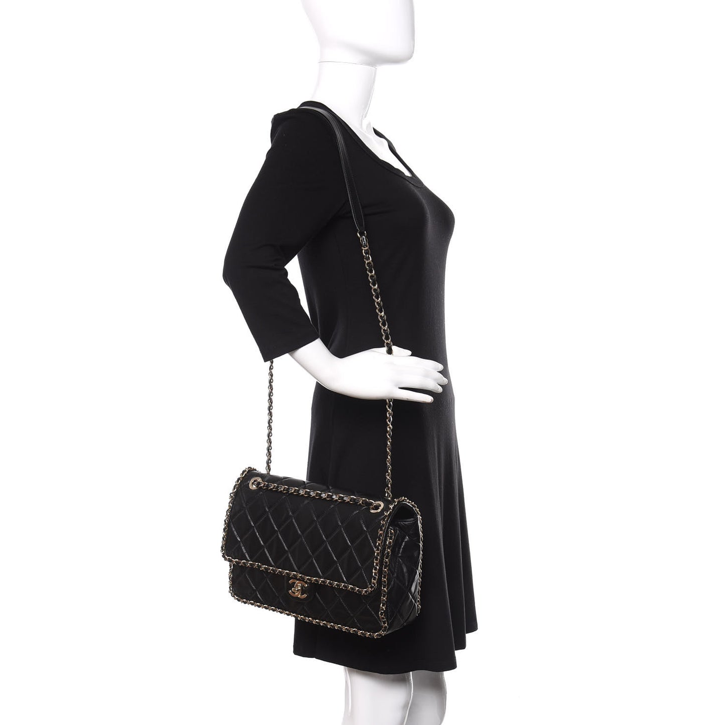 Crumpled Calfskin Quilted Large Chain All Over Flap Bag Black