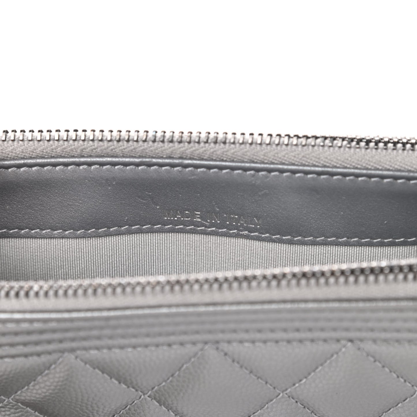 Metallic Caviar Quilted Small Boy Clutch With Chain Silver
