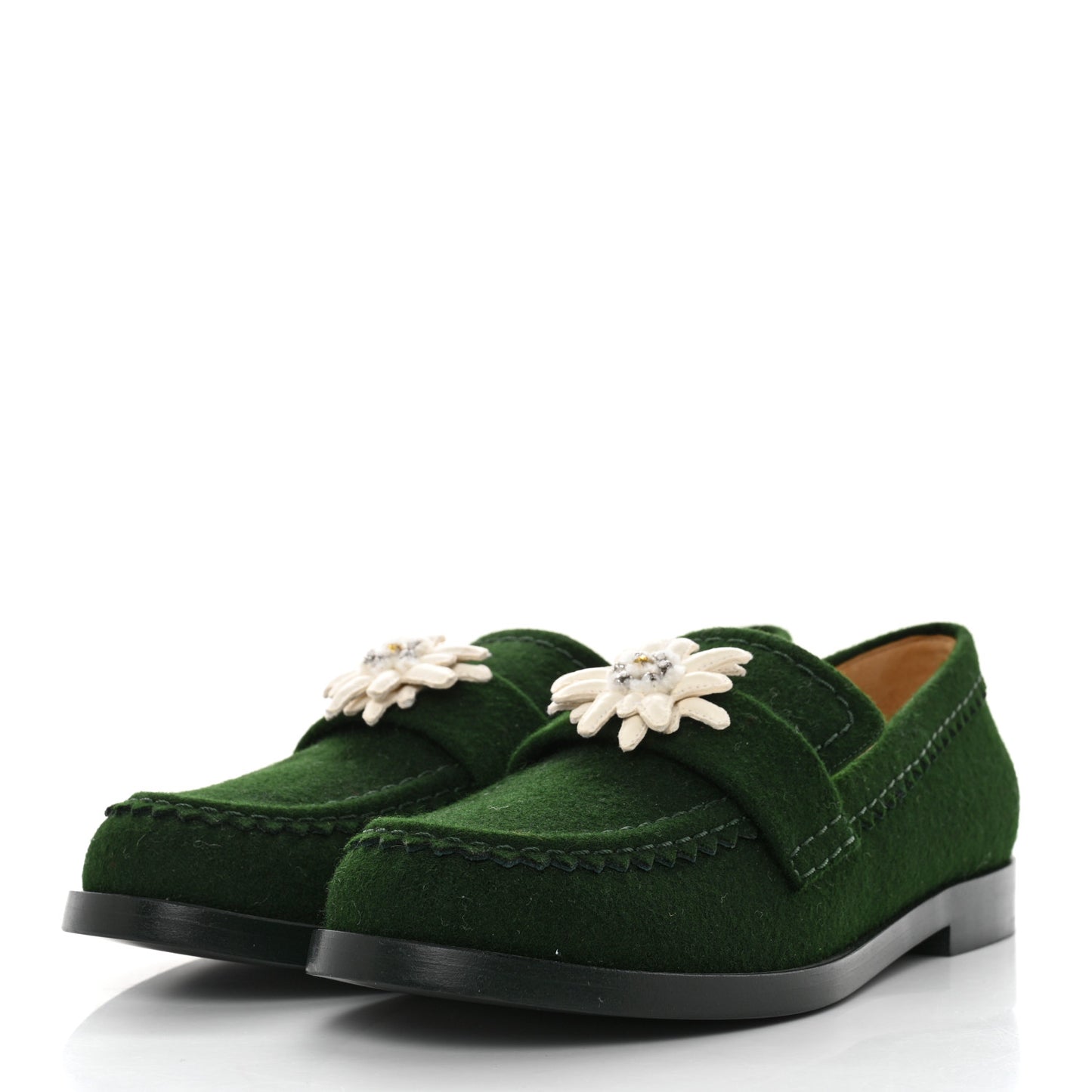 Wool Felt Crystal Embellished Flower Loafers 38 Green