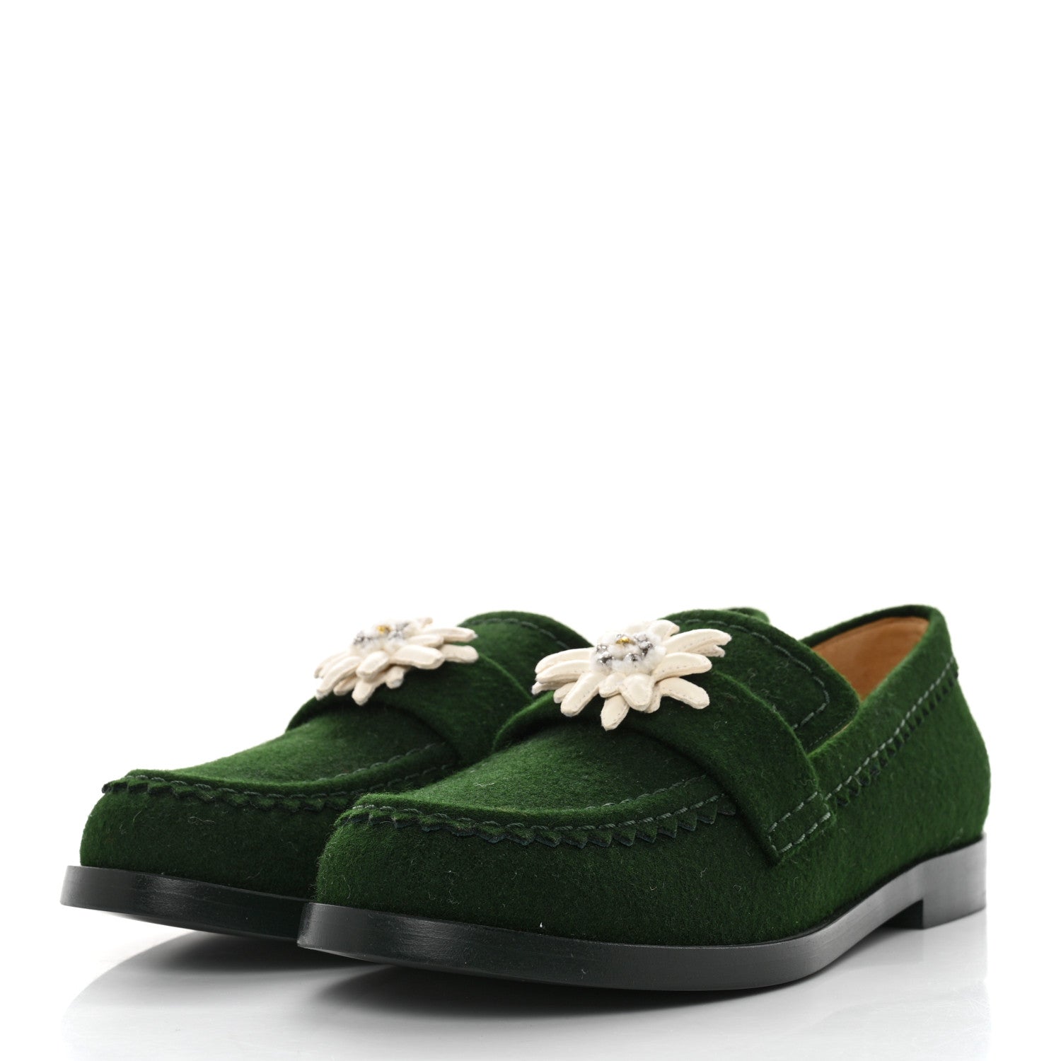 Chanel Wool Felt Crystal Embellished Flower Loafers 38 Green 3 of 8