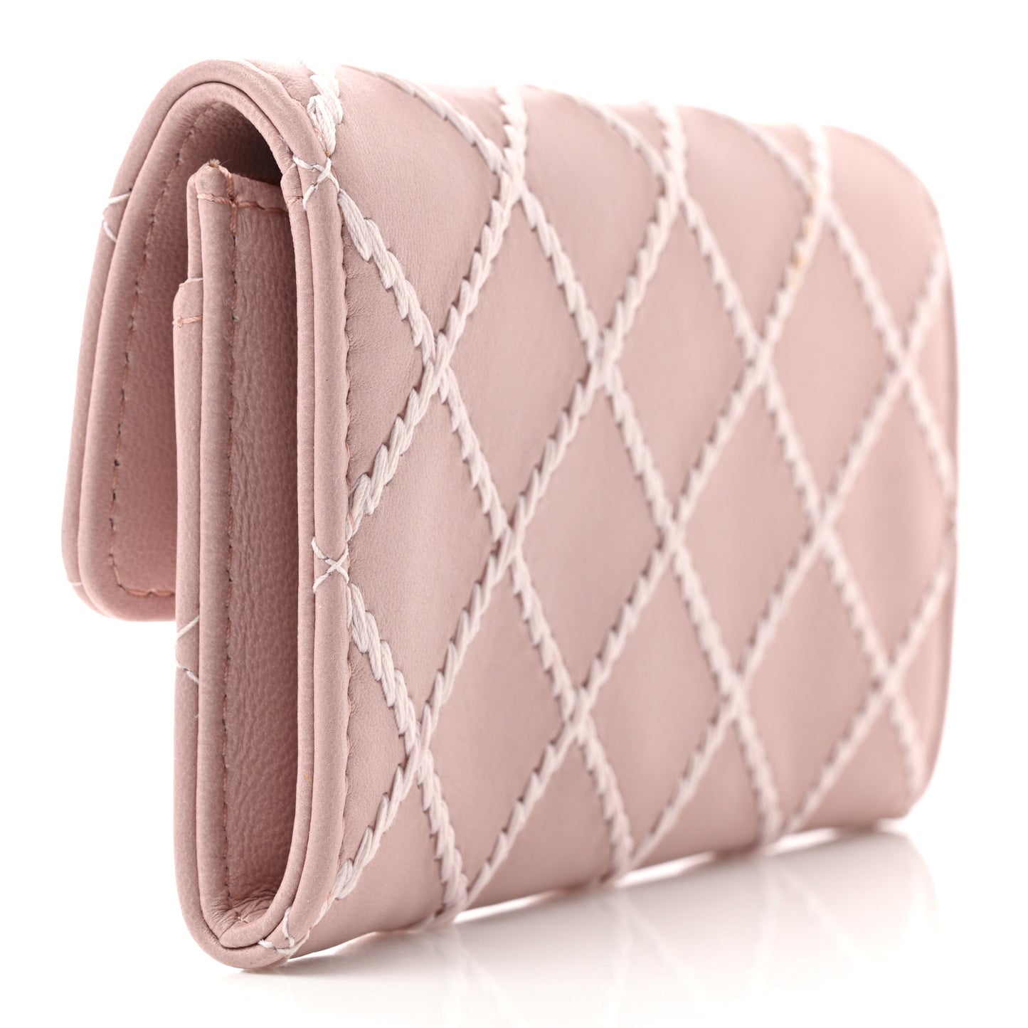 Lambskin Quilted Stitch Flap Card Holder Pink White