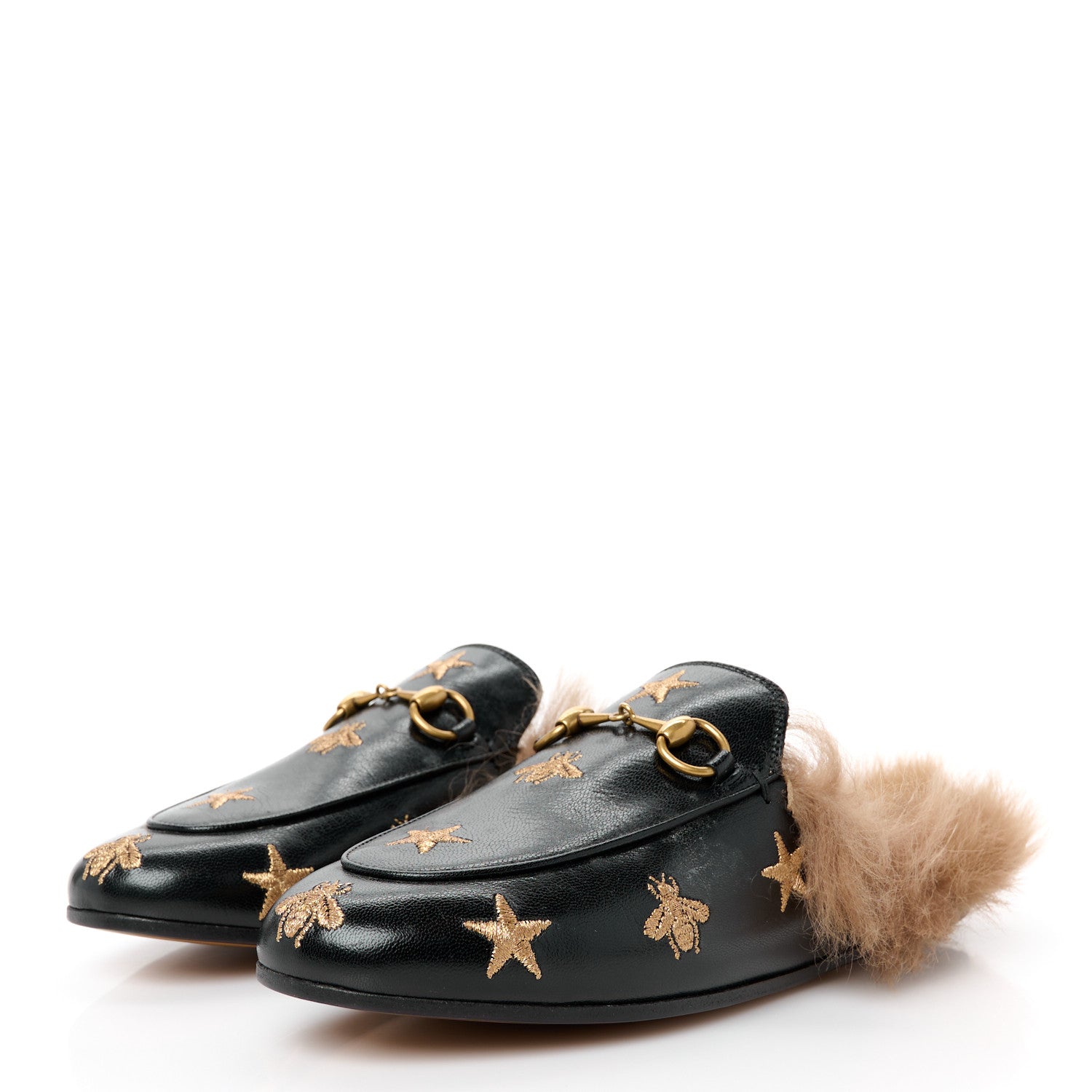 Gucci Goatskin Fur Bee Star Embroidered Womens Princetown Slippers 35.5 Black 4 of 9