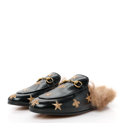 Gucci Goatskin Fur Bee Star Embroidered Womens Princetown Slippers 35.5 Black 4 of 9