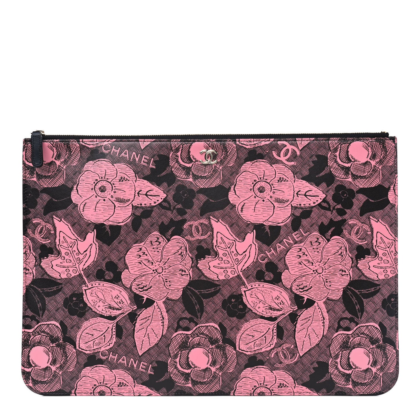 Coated Canvas Lambskin Quilted Large Camellia Cosmetic Case Pink Black