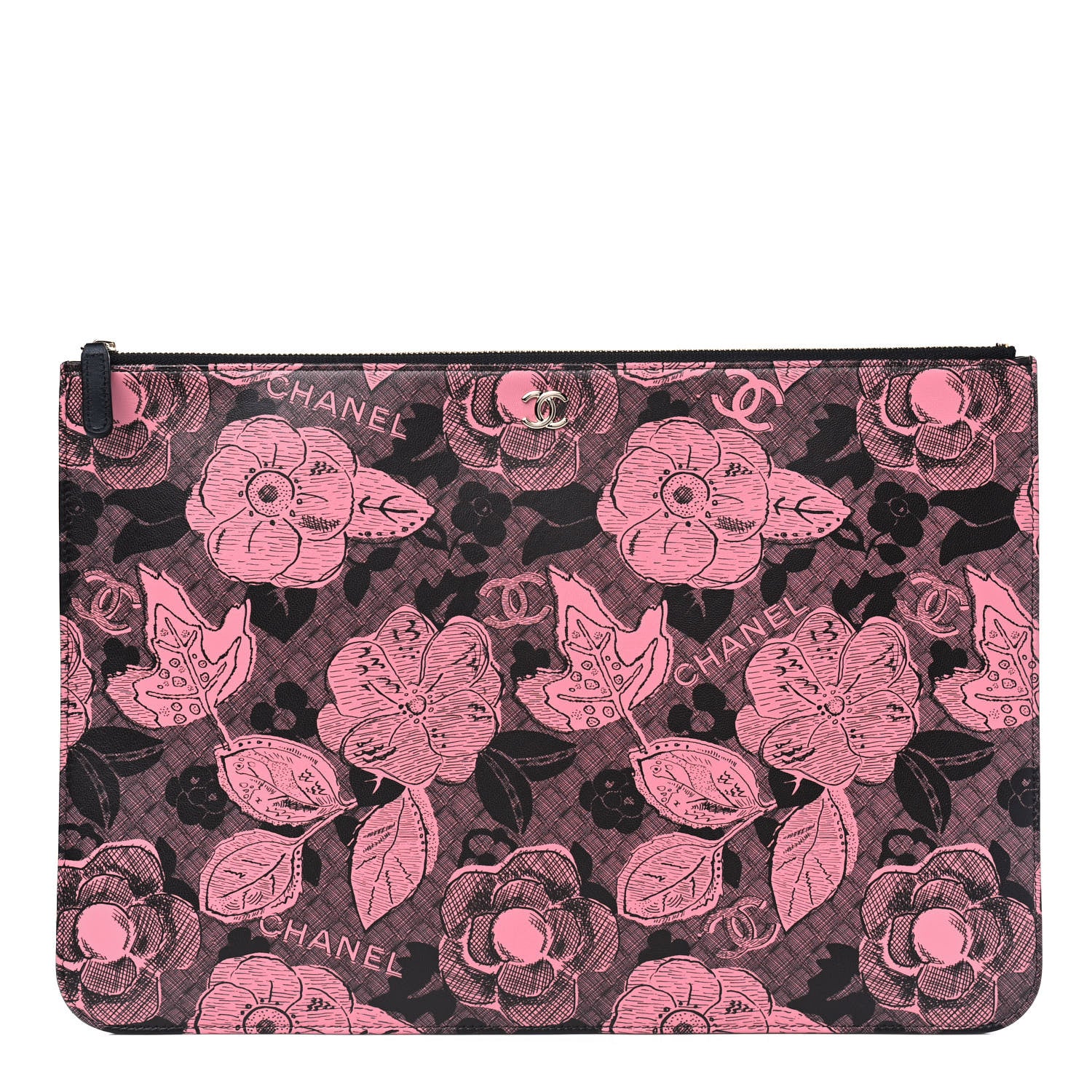 Chanel Coated Canvas Lambskin Quilted Large Camellia Cosmetic Case Pink Black 1 of 5