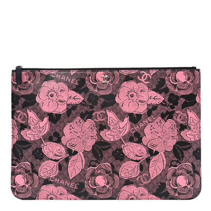 Chanel Coated Canvas Lambskin Quilted Large Camellia Cosmetic Case Pink Black 1 of 5
